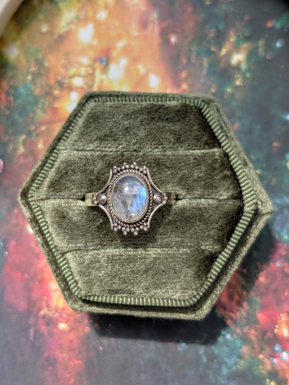 Vintage Rainbow Moonstone & Sterling Silver Ring, Size 10